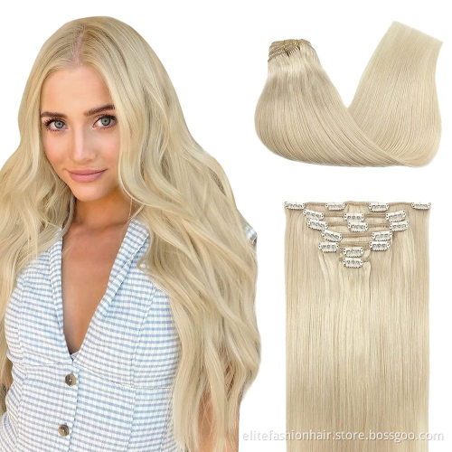 Double drawn virgin russian clip in hair extensions Straight Human Clip in Hair extension for Women clip in hair extensions